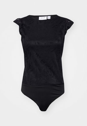 Black bodysuit with a textured floral pattern, capped sleeves, and a fitted design. Smooth fabric with a seamless bottom edge.