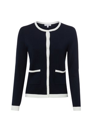 Marineblauer Cardigan mit weißem Besatz an Kragen, Knopfleiste, Bündchen, Saum und Taschenkanten, mit langen Ärmeln und Knöpfen vorne.