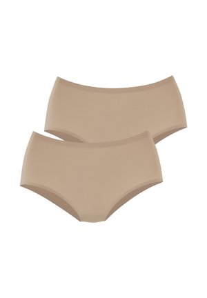 Two beige seamless women's hipster underwear with a smooth finish, displayed overlapping on a white background.