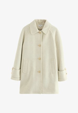 Light beige herringbone coat with a collared neckline, gold buttons, and rolled-up sleeves featuring button accents. Two front pockets.