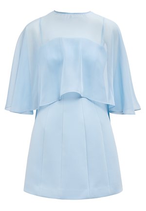 Φωτεινό γαλάζιο κοντό φόρεμα με διαφανές κάπα και πλισέ φούστα, με στρογγυλεμένο λαιμόκοψη και φαρδιά μανίκια.