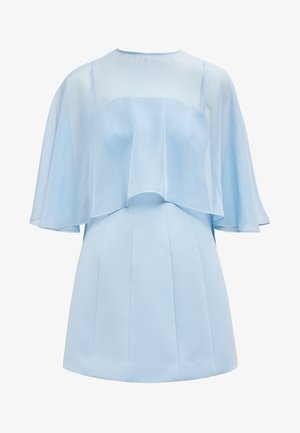 Hellblaues kurzes Kleid mit transparentem Cape-Überwurf und plissiertem Rock, ausgestattet mit einem runden Ausschnitt und fließenden Ärmeln.