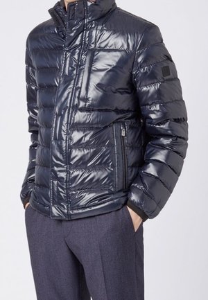 Homme portant une veste matelassée brillante noire avec des poches zippées et un col montant, associée à un pantalon gris foncé, les mains dans les poches.