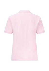 Różowa koszulka polo, krótki rękaw, jednolity kolor, klasyczny kołnierzyk, miękki materiał bawełniany, gładka tekstura, bez widocznych wzorów ani akcentów.