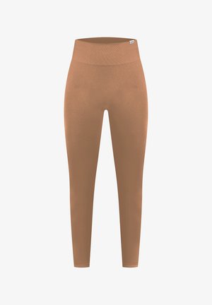 Hnědé legíny vyrobené z elastické tkaniny, s vysokým pasem a hladkou texturou. Žádné viditelné vzory ani kovové detaily.