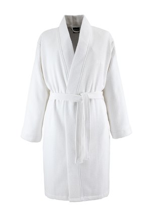 Accappatoio bianco con trama a nido d'ape, collo sciallato e cintura in vita annodata, lunghezza al ginocchio, maniche lunghe e logo del marchio discreto sul petto.