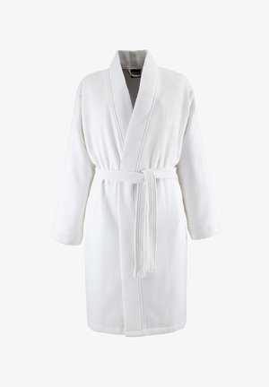 White waffle-texture bathrobe with shawl collar and tied waist belt, knee-length with long sleeves and subtle brand logo on chest.