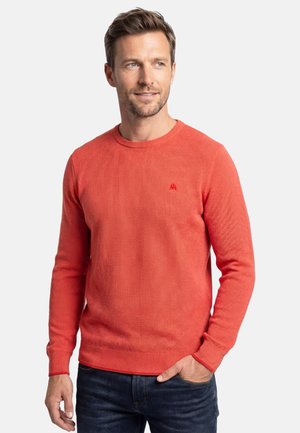 Mężczyzna w koralowym swetrze z dzianiny z okrągłym dekoltem i ciemnoniebieskich dżinsach, stojący z jedną ręką w kieszeni, spoglądający lekko w lewo.