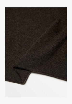 Dark brown knitted fabric with a smooth texture, featuring a folded edge that highlights its soft, warm material.