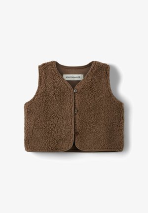 Veste sans manches en polaire marron avec trois boutons devant et une surface texturée douce, étiquetée Sofie Schnoor.