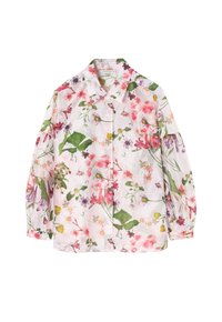 Blouse blanche à manches longues avec imprimé floral rose, violet et vert, devant boutonné et détail froncé aux manches.