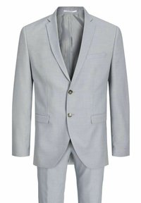 Hellgrauer Anzug mit einem Blazer mit Knopfverschluss und Revers sowie einer passenden Hose. Glattes Material mit subtiler Textur.