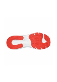 Suola della scarpa caratterizzata da colori predominanti rosso e bianco, gomma testurizzata per aderenza e un motivo a onda per flessibilità e supporto.