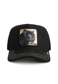 Black baseball cap with a mesh back, featuring an embroidered panther patch. The cap has gold stitching on the brim and a suede-like texture.