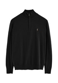 Svart långärmad tröja med halv dragkedja och liten broderad golfare-logga på vänster bröst.