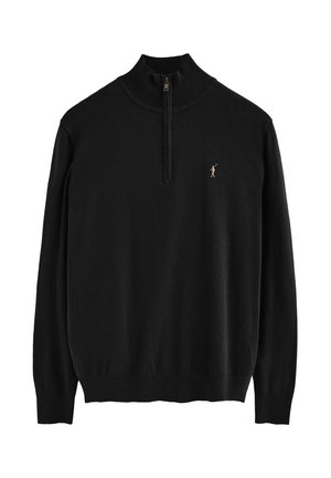 Zwarte lange mouw pullover met een kwart ritssluiting en een klein geborduurd golferlogo op de linkerkant van de borst.
