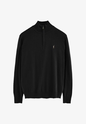 Pull noir à manches longues avec fermeture éclair quart et petit logo de golfeur brodé sur la poitrine gauche.
