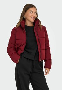 Doudoune rouge avec un col haut, fermeture éclair et texture matelassée. Portée par-dessus un sweat noir et associée à un pantalon de jogging noir.