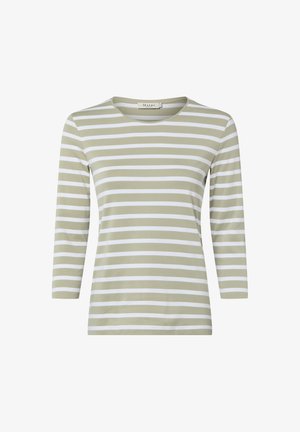 Langärmeliges Oberteil in Olivgrün mit weißen Streifen, mit rundem Ausschnitt und weichem Baumwollmaterial. Klassische Passform mit glatter Textur.