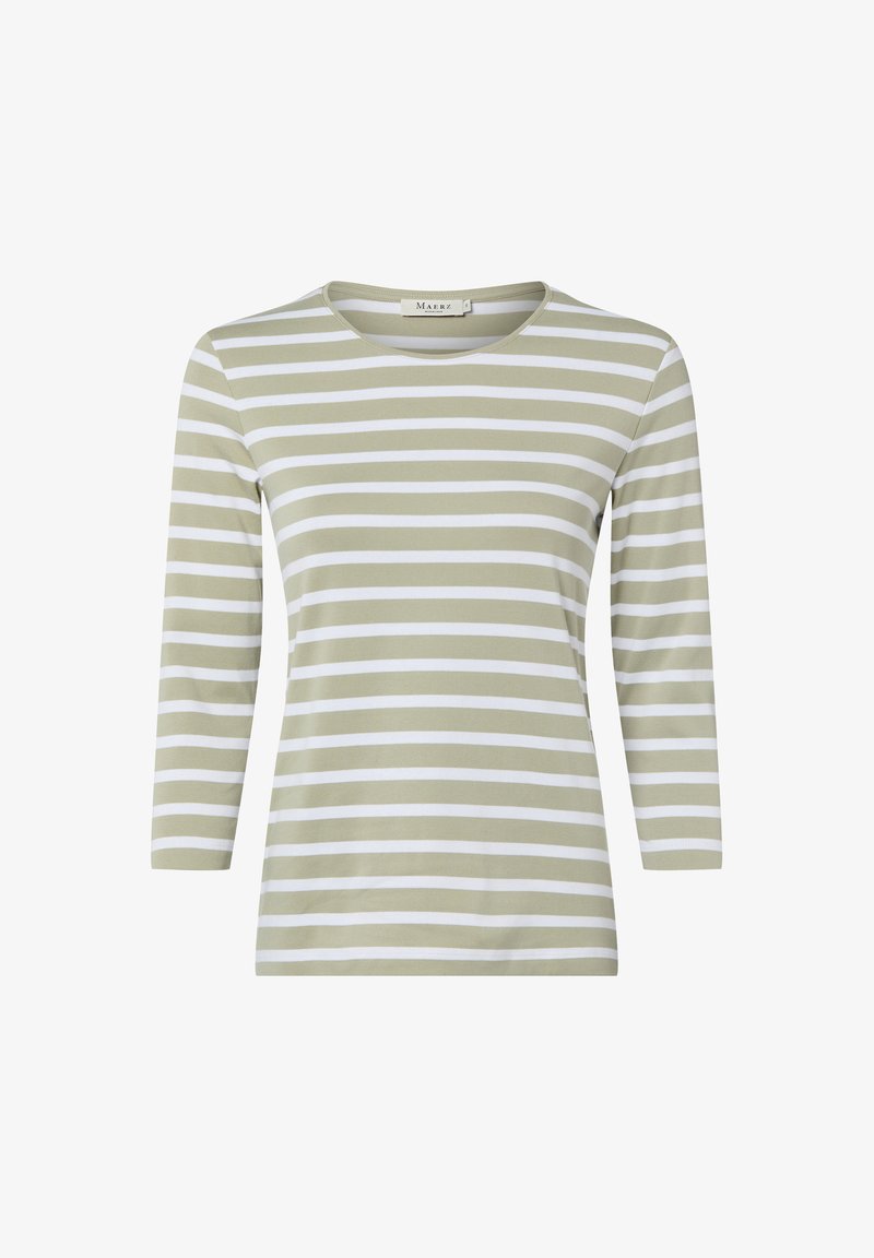Langärmeliges Oberteil in Olivgrün mit weißen Streifen, mit rundem Ausschnitt und weichem Baumwollmaterial. Klassische Passform mit glatter Textur.