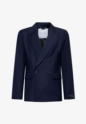 Blazer doppiopetto blu navy con revers a scottadito, due tasche frontali e dettagli con bottoni. Tessuto liscio con una vestibilità strutturata.