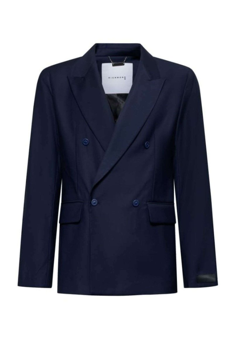 Blazer doppiopetto blu navy con revers a scottadito, due tasche frontali e dettagli con bottoni. Tessuto liscio con una vestibilità strutturata.