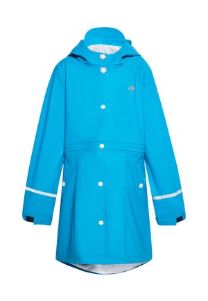 Bright blue waterproof raincoat with hood, white snap buttons, front pockets, adjustable Velcro cuffs, and reflective stripes on sleeves.