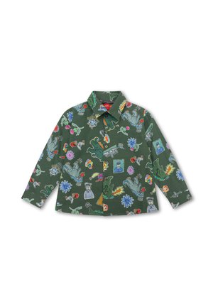 Groene button-up shirt met een speels patroon van dinosaurussen, bloemen en verschillende voorwerpen. Lange mouwen met een puntige kraag en een ontspannen pasvorm.