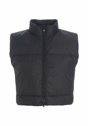 Chaleco acolchado negro sin mangas con cuello alto y cremallera frontal central sobre fondo blanco.
