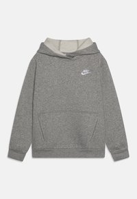 Sudadera de algodón gris con una capucha ligera forrada en beige, bolsillo tipo canguro y logo blanco de Nike en el pecho. Puños y dobladillo acanalados.