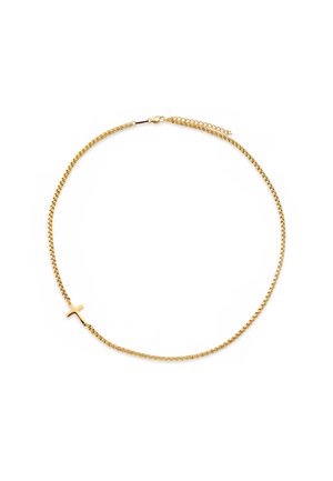 Tynn halskjede i gull med et lite horisontalt korsanheng og en hummerlås med en justerbar forlengelseskjede.