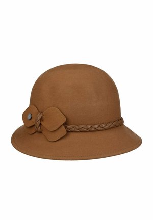 Brauner Filzhut im Glockenstil mit geflochtenem Band und dekorativer Schleife, die seitlich eine kleine runde Metallknopfbefestigung aufweist.