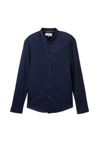 Camicia a maniche lunghe blu navy realizzata in tessuto morbido, con colletto button-down e bottoni marroni, dotata di una fodera interna a motivo.