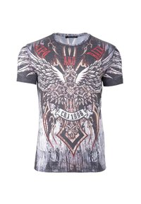 Grafische T-shirt met een grijze basis en een gedurfde uitstraling, inclusief vleugels en ornamentale elementen in rood en zwart, met een textuur uitstraling.