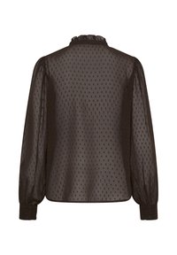 Blouse noire transparente à manches longues avec motif discret de points rectangulaires, col à volants, coupe ample et poignets boutonnés, vue de dos.