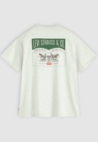 Light grey short-sleeve t-shirt featuring a green graphic with "Levi Strauss & Co." and illustrations of horses on the back.