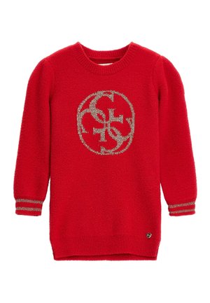 Rød langærmet striktrøje med ribbet halsudskæring, sølv logo design i midten og sølvstribede manchetter.