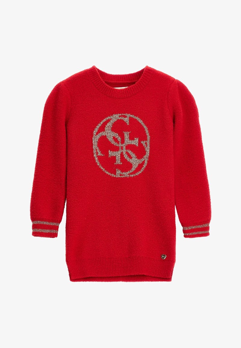 Pull en maille rouge à manches longues avec col côtelé, logo argenté au centre et poignets rayés argentés.