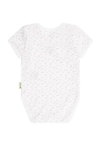 Bodysuit de bebé de manga corta en algodón blanco con un estampado floral en rosa, con un cuello redondo y un cierre a presión en la parte inferior.