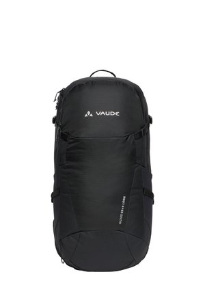 Zwarte VAUDE-rugzak met bovenhandvat, zijcompressieriemen en de tekst "WIZARD 28+4 LONG" op het voorkantpaneel.