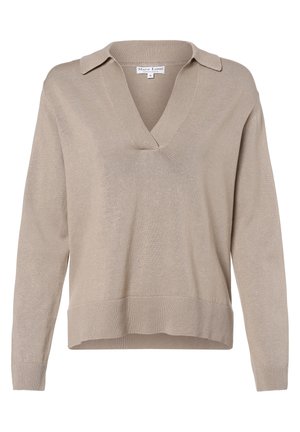 Jersey de punto beige de manga larga con cuello en V y solapa, puños y dobladillo acanalados, etiqueta Marie Lund, talla pequeña.