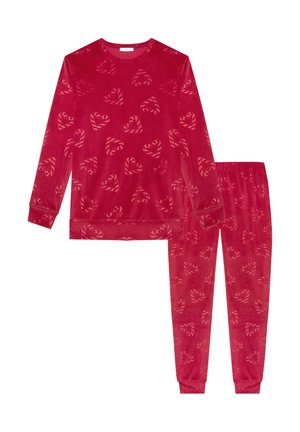 Roter Velour-Pyjama-Set mit langärmligem Oberteil und passender Hose. Mit Herzmustern durchzogen, weichem Material und elastischem Bund.