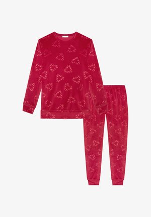 Czerwona welurowa piżama z długim rękawem i pasującymi spodniami. Posiada wzory w serca, miękką teksturę oraz elastyczny pas.