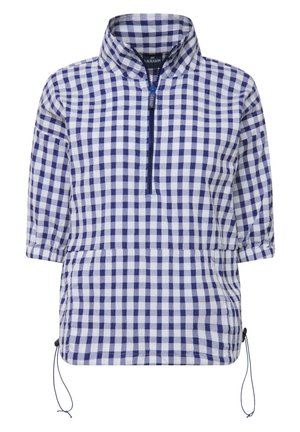 Haut en pullover à carreaux en coton bleu et blanc, avec un col haut, une demi-fermeture éclair et un cordon de serrage ajustable à l'ourlet.