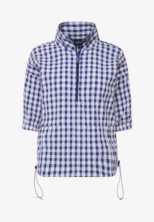 Kostkovaný pulovr v modré a bílé barvě z bavlněné tkaniny, s vysokým límcem, polovičním zipem a nastavitelnou šňůrkou na spodním lemu.