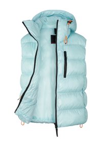 Světlomodrá prošívaná vesta s lesklým povrchem, vybavená nastavitelnou kapucí, černým zipem a dvěma předními kapsami na zip.