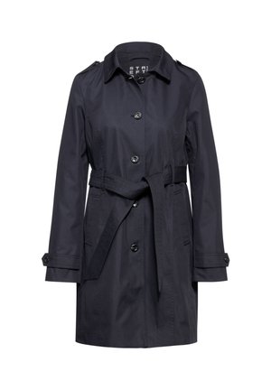 Marineblauer Trenchcoat aus glattem Stoff, mit tailliertem Gürtel, Knopfverschluss, Schulterklappen und langen Ärmeln mit Knopfmanschetten.
