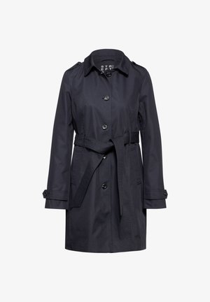 Marineblauer Trenchcoat aus glattem Stoff, mit tailliertem Gürtel, Knopfverschluss, Schulterklappen und langen Ärmeln mit Knopfmanschetten.