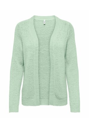 Lichtgroene gebreide vest met een open voorkant, gestructureerde stof, geribde kraag en manchetten, en lange mouwen zonder knopen.