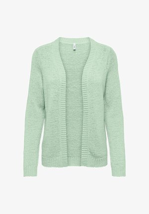 Lichtgroene gebreide vest met een open voorkant, gestructureerde stof, geribde kraag en manchetten, en lange mouwen zonder knopen.